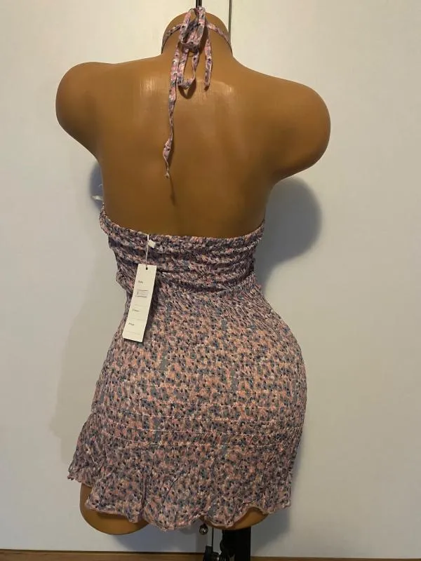 Rochie de vară Tricotonic S-M | Multicolor, Mini, Bretele după gât, Floral & Tropical, Pliuri, Bumbac - Image 2