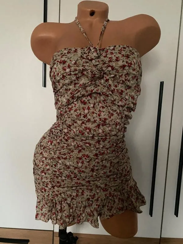 Rochie mulată Tricotonic M | Multicolor, Mini, Cu umerii goi, Floral & Tropical, Volane, Bumbac - Image 2