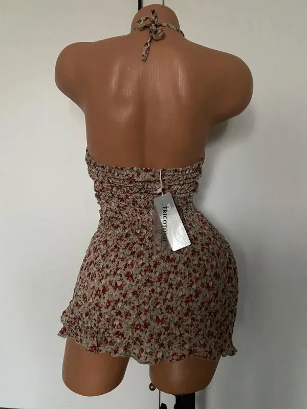 Rochie mulată Tricotonic M | Multicolor, Mini, Cu umerii goi, Floral & Tropical, Volane, Bumbac - Image 3