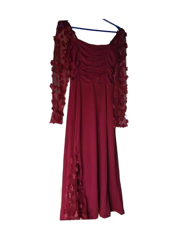 Rochie de seară Shein S | Burgundy, Maxi, Mânecă lungă, Plus size, Pliuri, Poliester