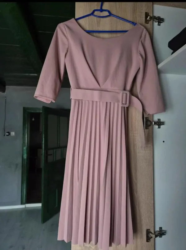 Rochie de ocazie S | Roz, Midi, Mânecă lungă, Pliuri, Poliester - Image 2
