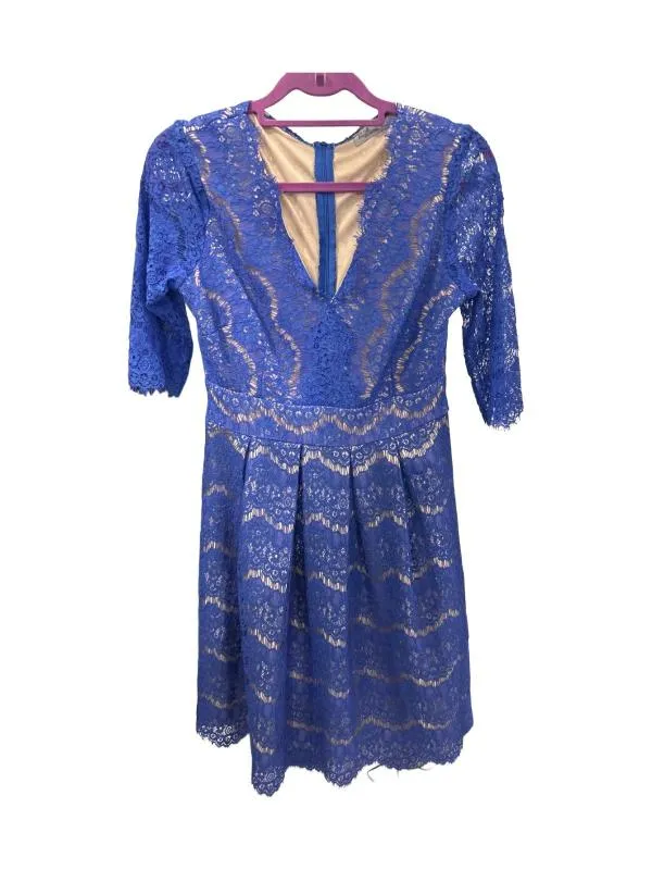 Rochie de ocazie Ella L | Albastru, Midi, Mânecă trei sferturi, Dantelă
