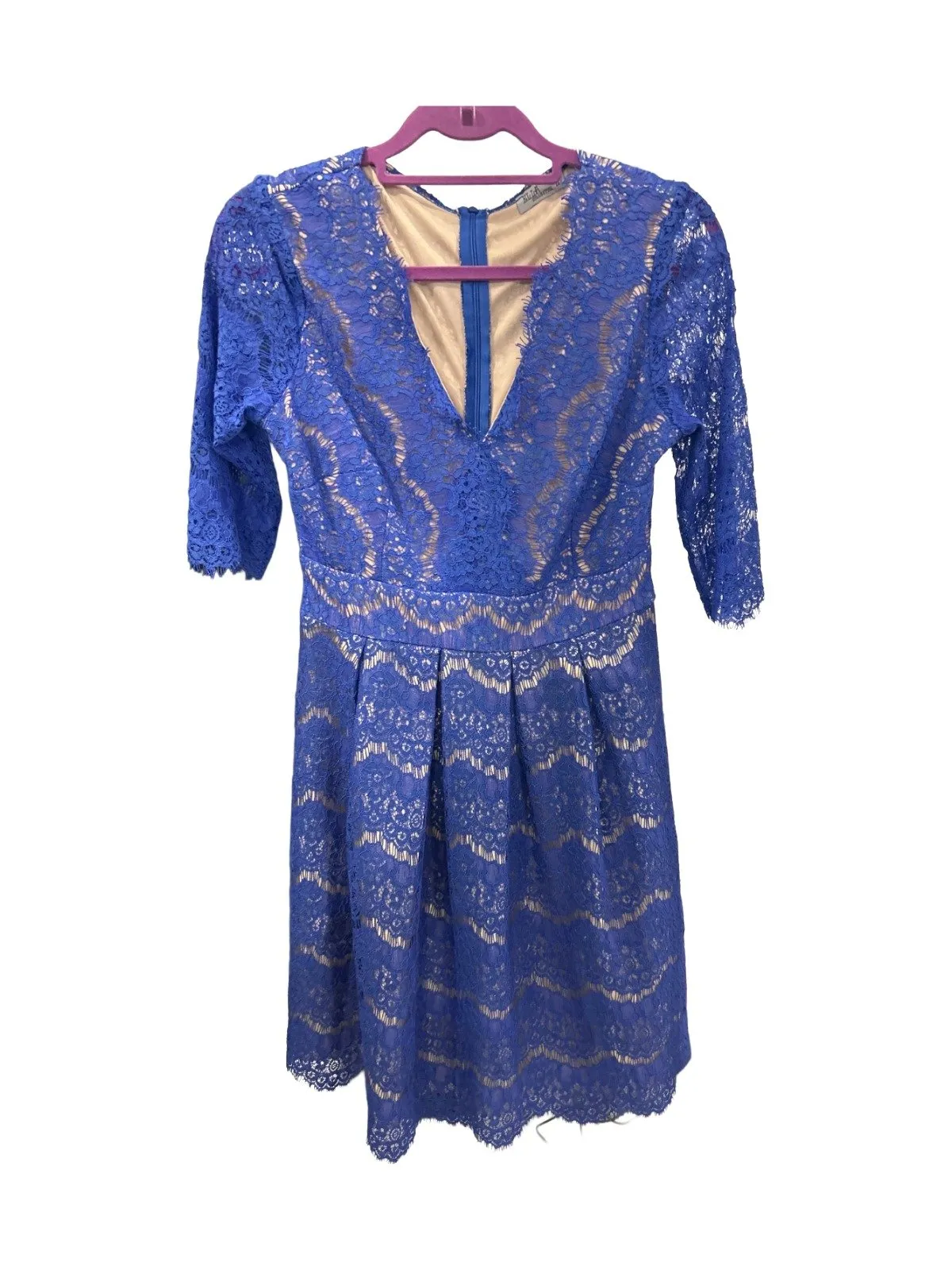 Rochie de ocazie Ella L | Albastru, Midi, Mânecă trei sferturi, Dantelă