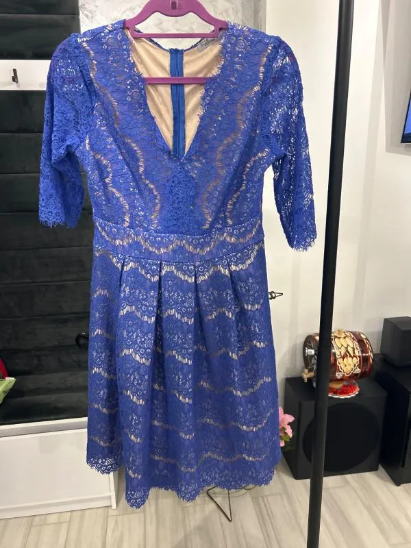 Rochie de ocazie Ella L | Albastru, Midi, Mânecă trei sferturi, Dantelă - Image 2