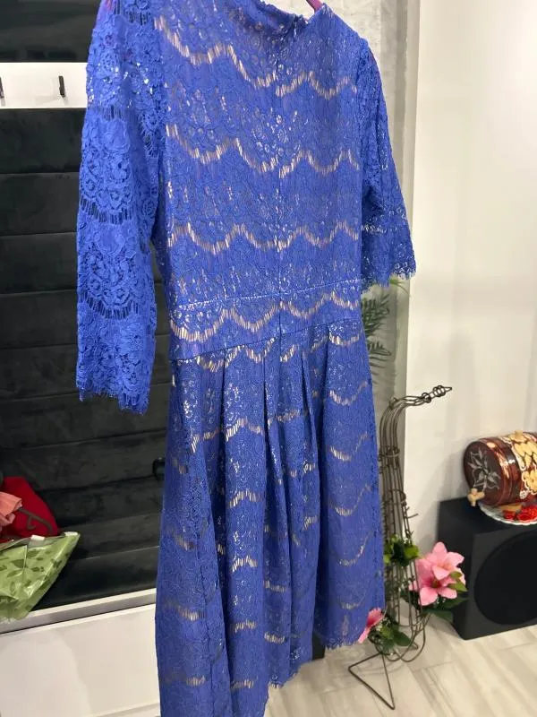 Rochie de ocazie Ella L | Albastru, Midi, Mânecă trei sferturi, Dantelă - Image 3