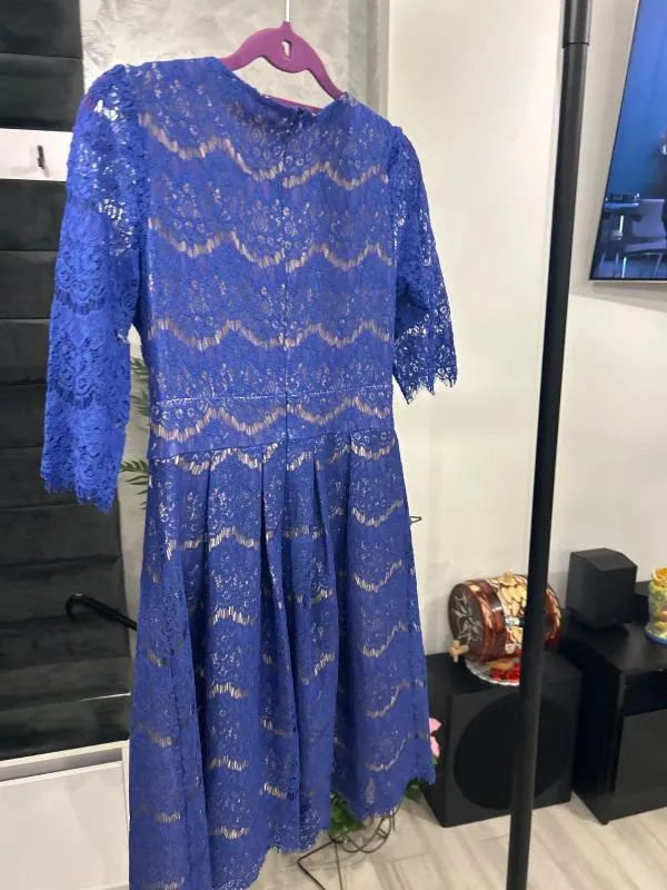 Rochie de ocazie Ella L | Albastru, Midi, Mânecă trei sferturi, Dantelă - Image 4