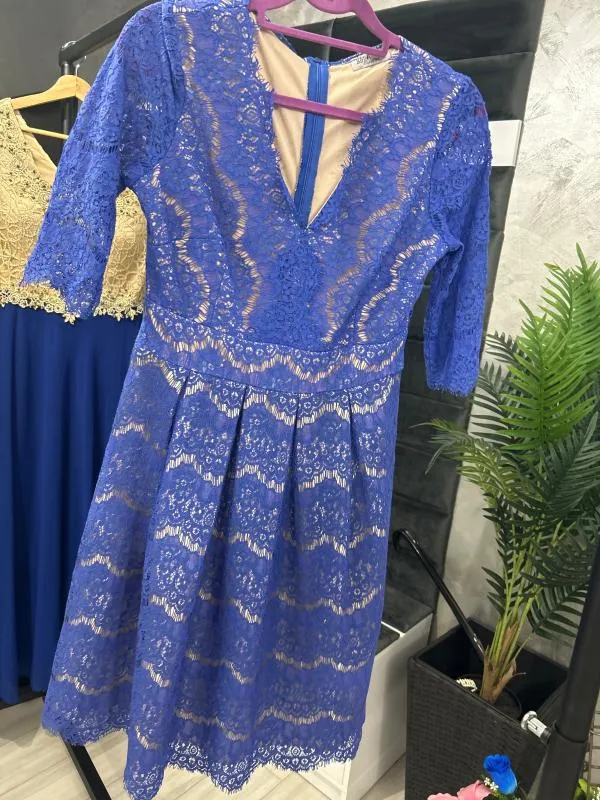 Rochie de ocazie Ella L | Albastru, Midi, Mânecă trei sferturi, Dantelă - Image 5