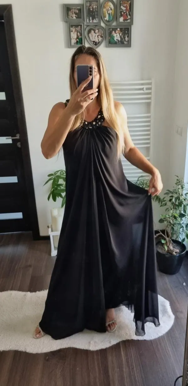 Rochie de ocazie Saygin M | Negru, Maxi, Bretele după gât, Pietre decorative - Image 10