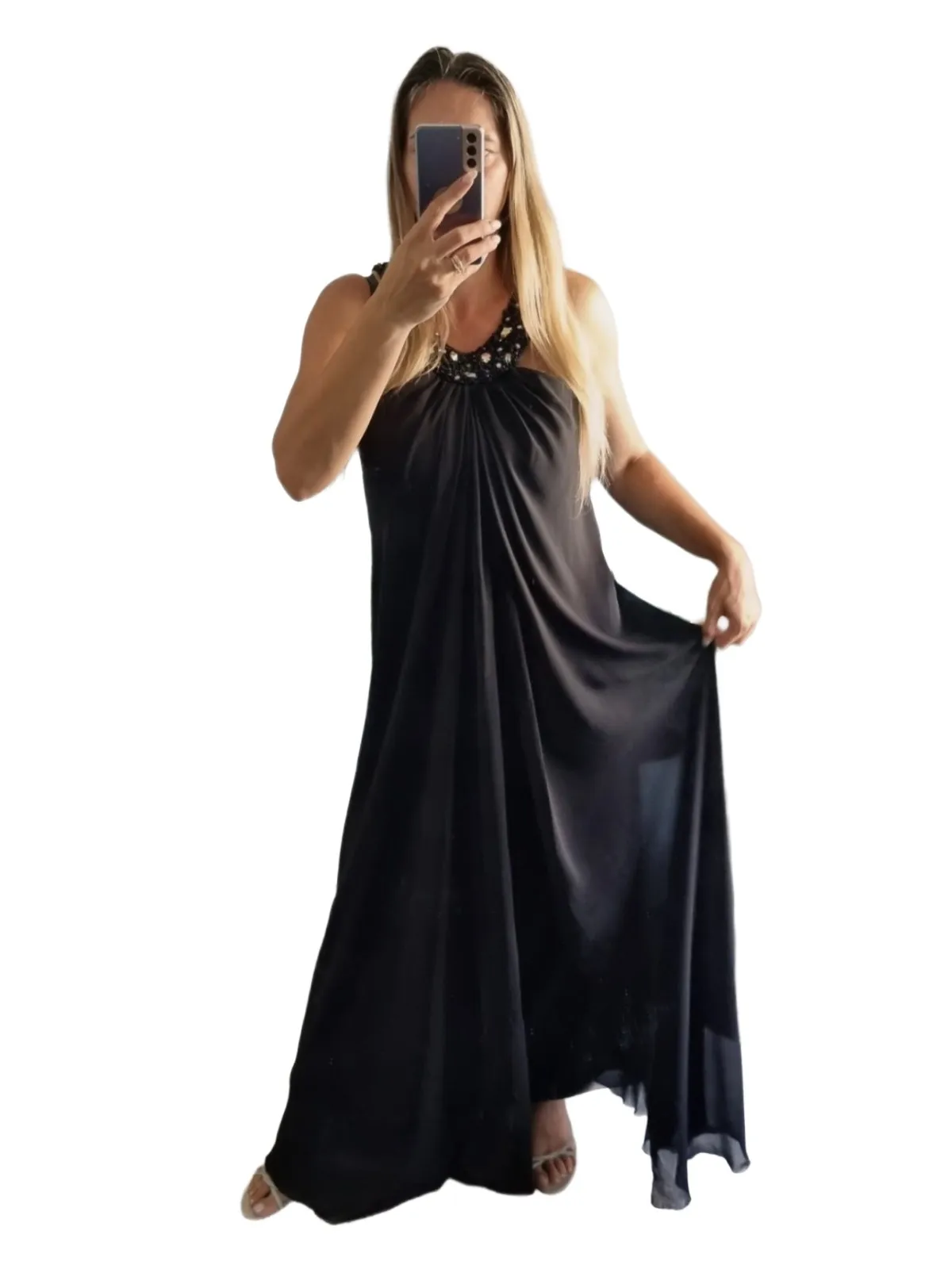 Rochie de ocazie Saygin M | Negru, Maxi, Bretele după gât, Pietre decorative