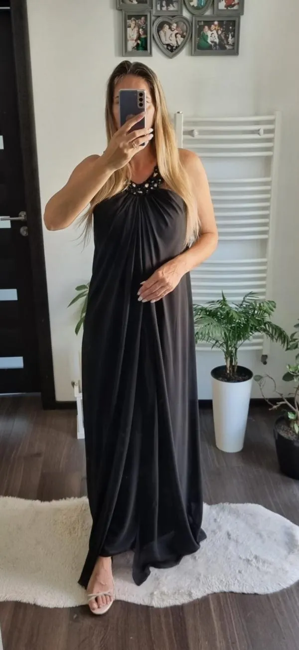 Rochie de ocazie Saygin M | Negru, Maxi, Bretele după gât, Pietre decorative - Image 2
