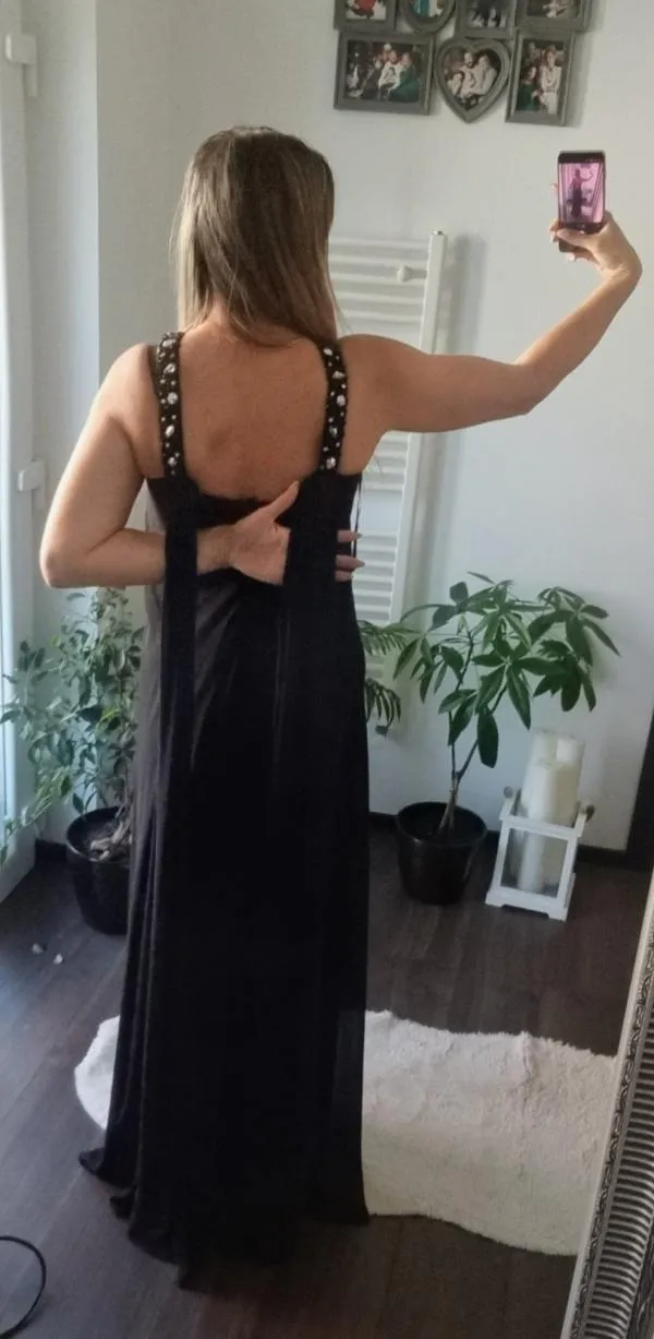 Rochie de ocazie Saygin M | Negru, Maxi, Bretele după gât, Pietre decorative - Image 3