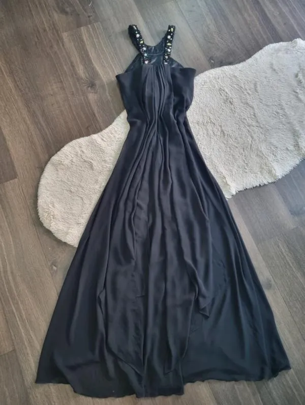 Rochie de ocazie Saygin M | Negru, Maxi, Bretele după gât, Pietre decorative - Image 5
