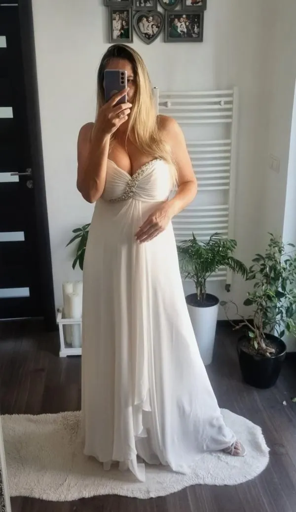 Rochie de ocazie Saygin M | Alb, Maxi, Cu umerii goi, Pietre decorative - Image 11