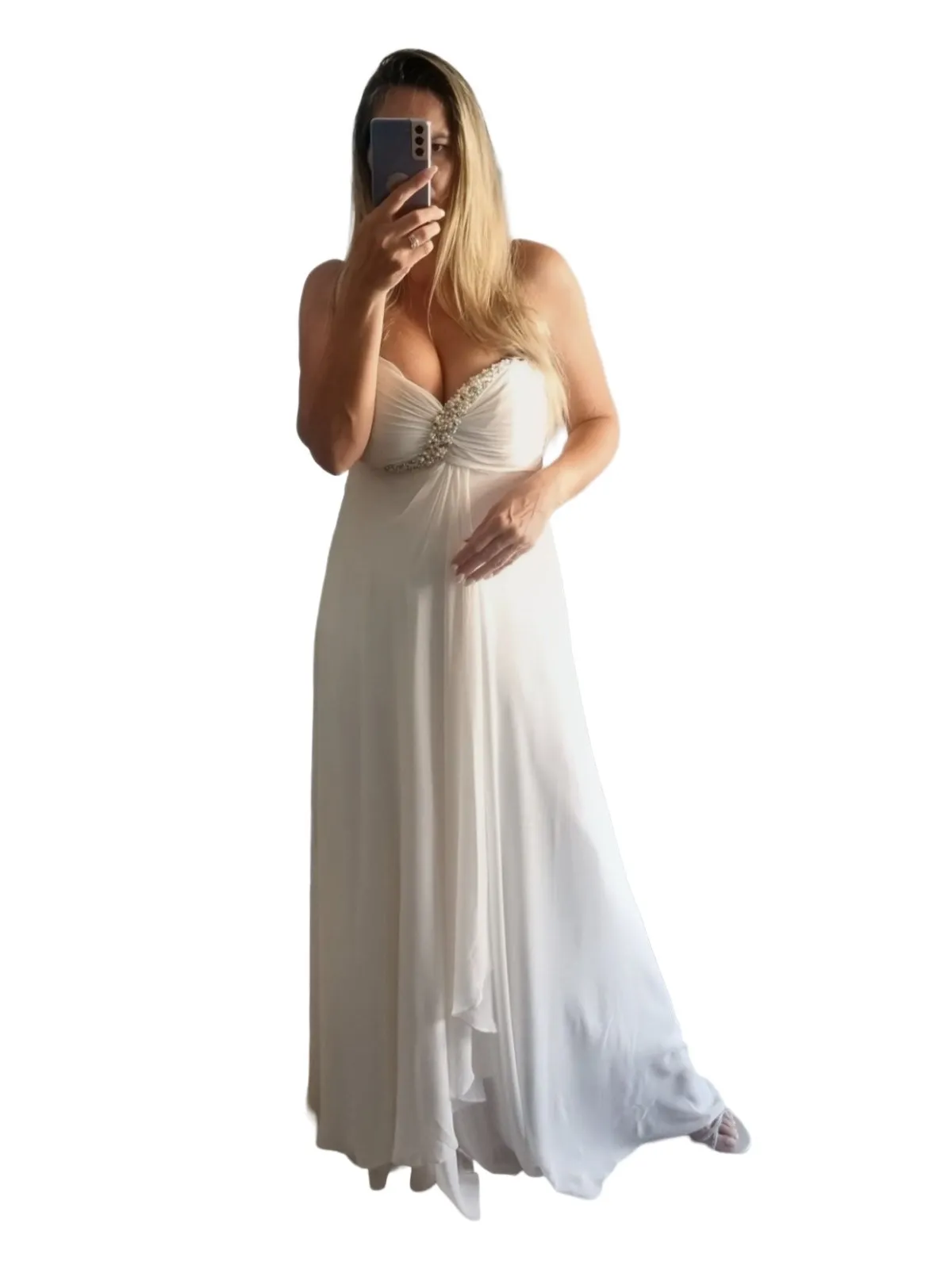 Rochie de ocazie Saygin M | Alb, Maxi, Cu umerii goi, Pietre decorative