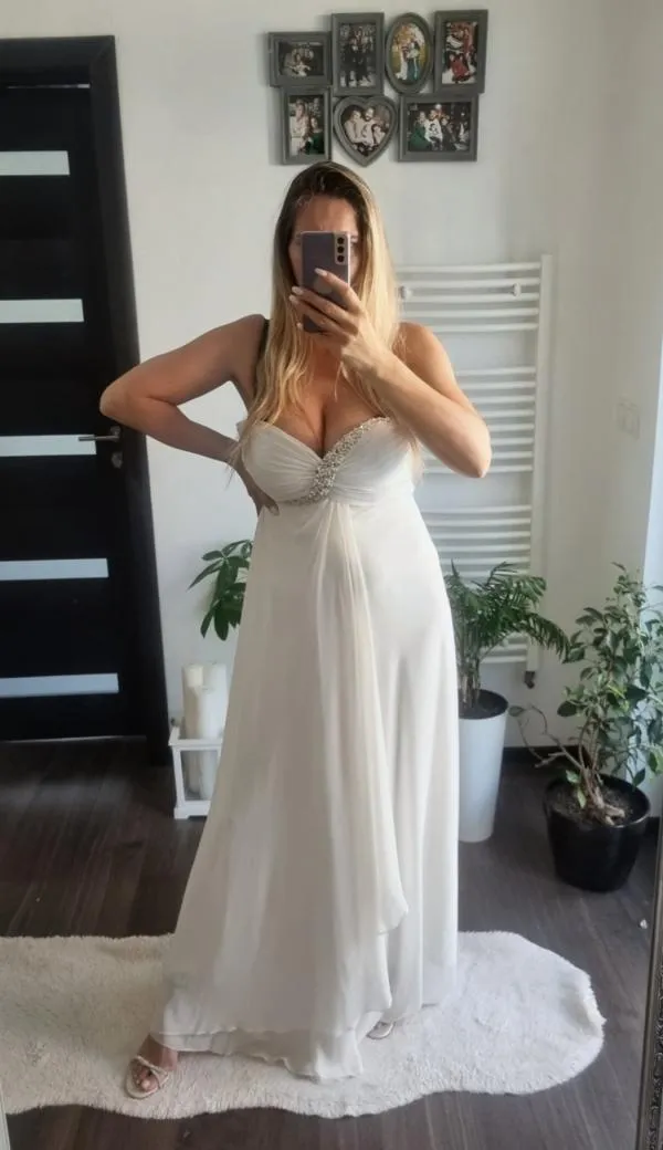 Rochie de ocazie Saygin M | Alb, Maxi, Cu umerii goi, Pietre decorative - Image 2