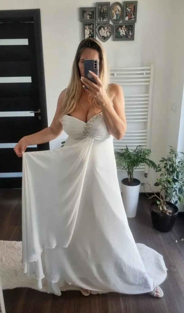 Rochie de ocazie Saygin M | Alb, Maxi, Cu umerii goi, Pietre decorative - Image 3