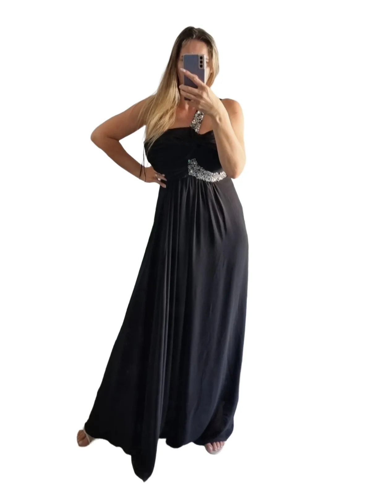 Rochie de ocazie Cenker M | Negru, Maxi, Pe un umăr, Pietre decorative