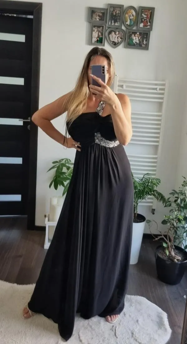 Rochie de ocazie Cenker M | Negru, Maxi, Pe un umăr, Pietre decorative - Image 12