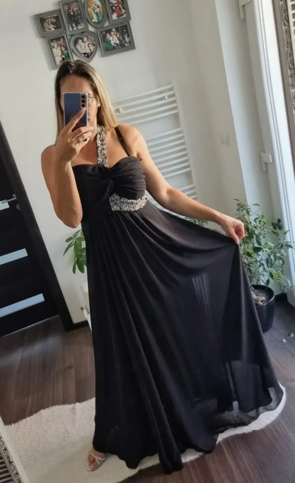 Rochie de ocazie Cenker M | Negru, Maxi, Pe un umăr, Pietre decorative - Image 2