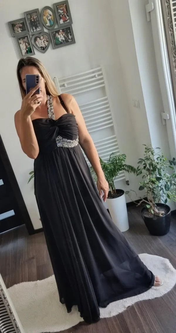 Rochie de ocazie Cenker M | Negru, Maxi, Pe un umăr, Pietre decorative - Image 3