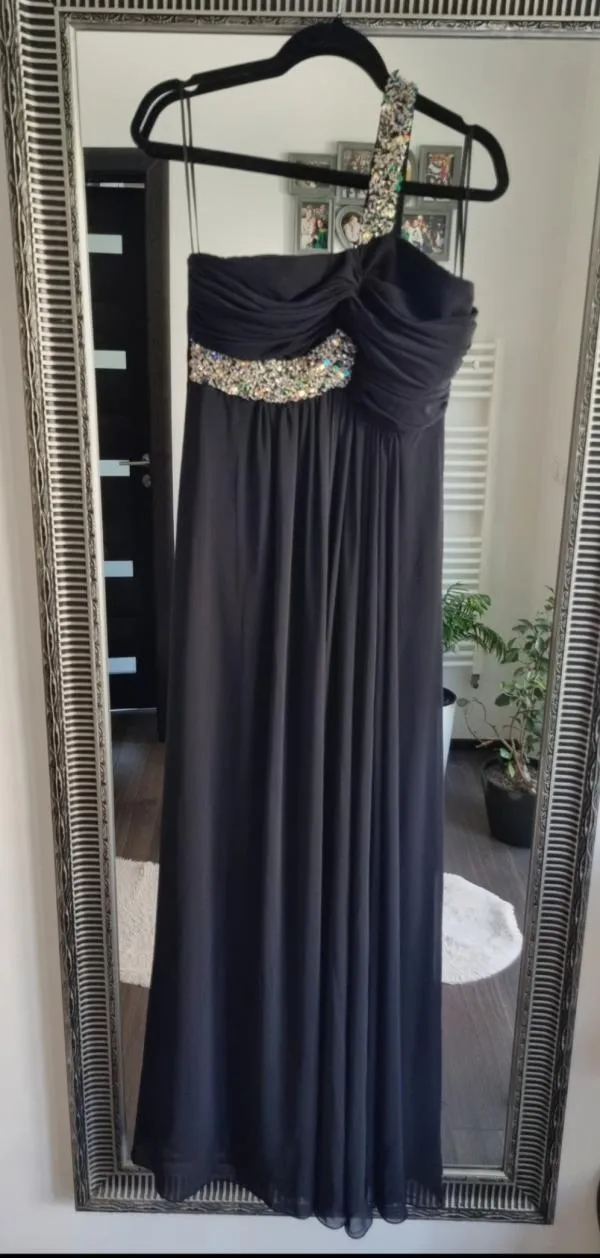 Rochie de ocazie Cenker M | Negru, Maxi, Pe un umăr, Pietre decorative - Image 4