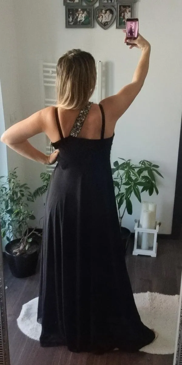 Rochie de ocazie Cenker M | Negru, Maxi, Pe un umăr, Pietre decorative - Image 5