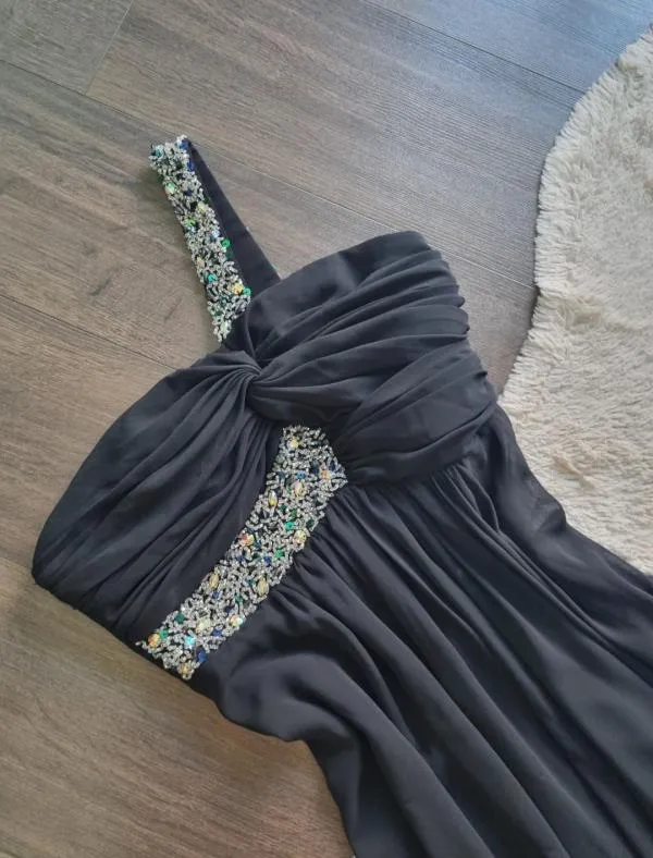 Rochie de ocazie Cenker M | Negru, Maxi, Pe un umăr, Pietre decorative - Image 8