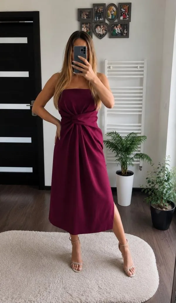Rochie de seară Zara XL | Mov, Midi, Cu umerii goi, Drapat - Image 9