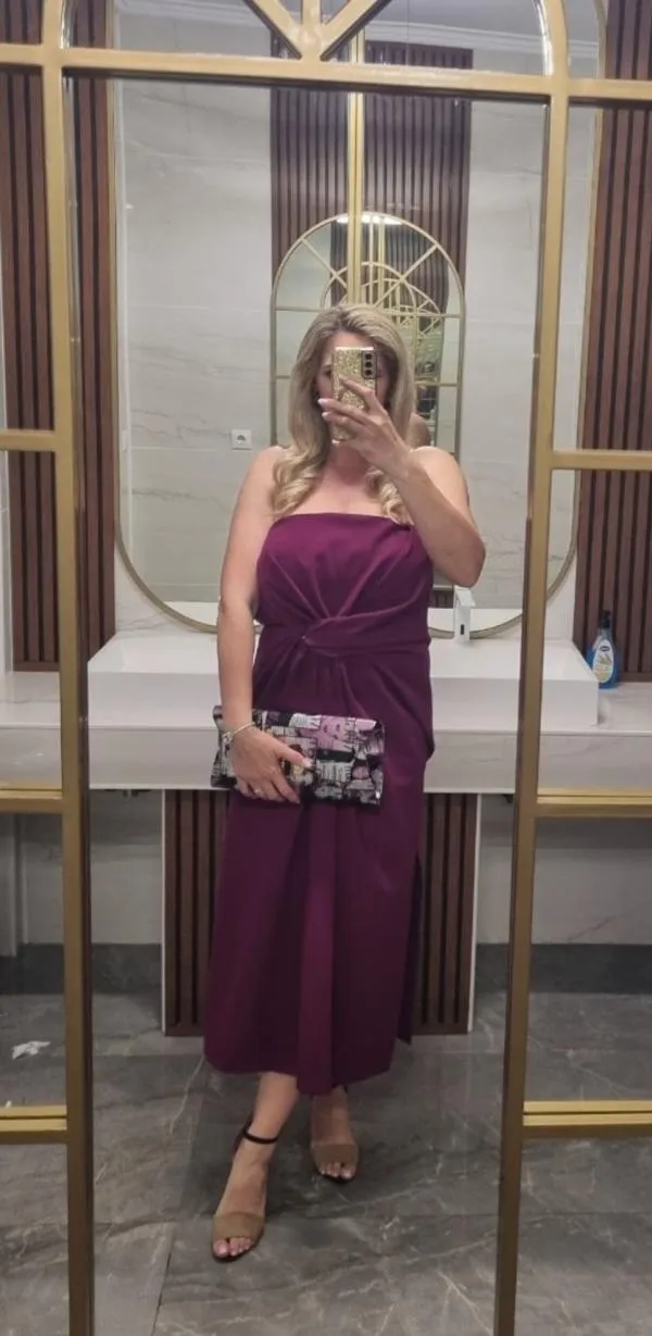 Rochie de seară Zara XL | Mov, Midi, Cu umerii goi, Drapat - Image 2