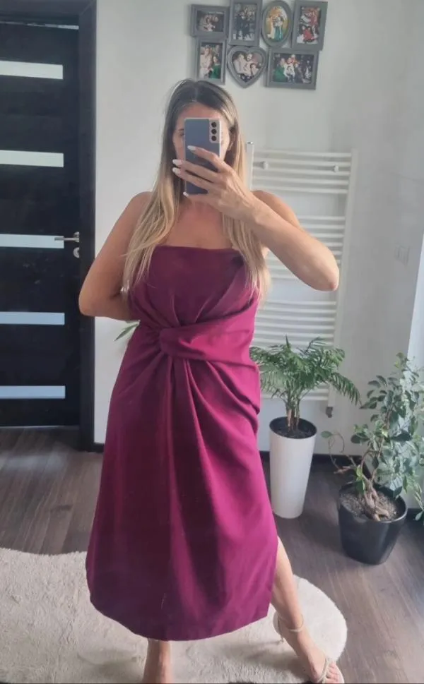 Rochie de seară Zara XL | Mov, Midi, Cu umerii goi, Drapat - Image 3