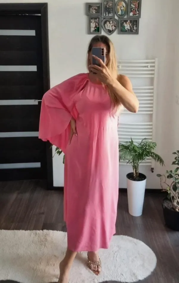 Rochie de vară Zara S | Fuchsia, Midi, Bretele subțiri, Design asimetric - Image 2