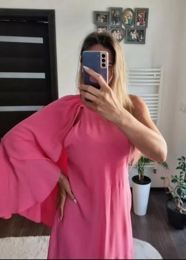 Rochie de vară Zara S | Fuchsia, Midi, Bretele subțiri, Design asimetric - Image 3