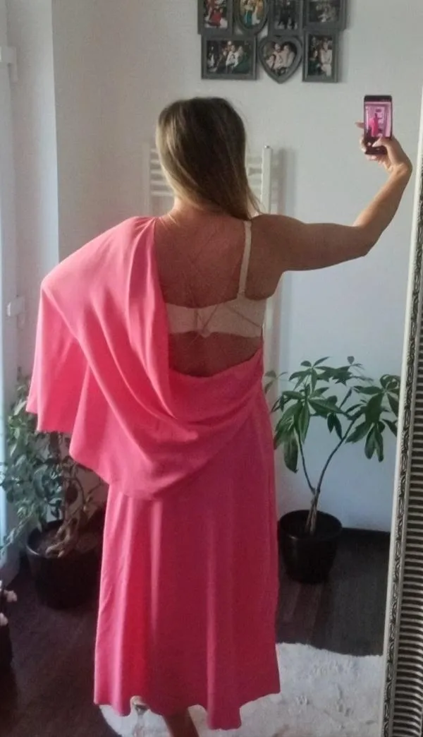 Rochie de vară Zara S | Fuchsia, Midi, Bretele subțiri, Design asimetric - Image 4