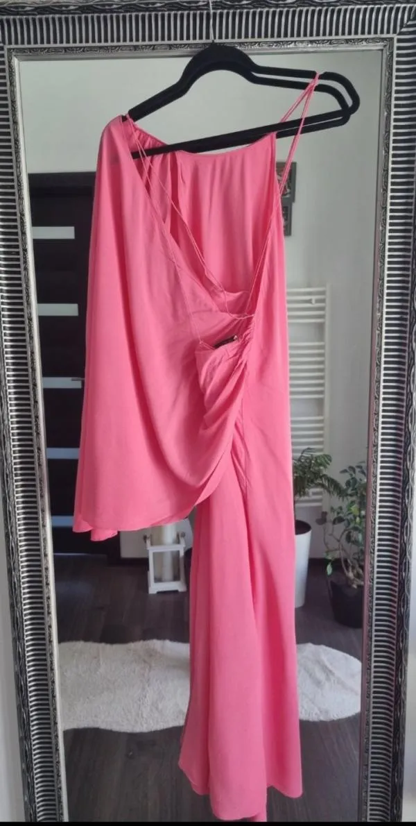 Rochie de vară Zara S | Fuchsia, Midi, Bretele subțiri, Design asimetric - Image 6