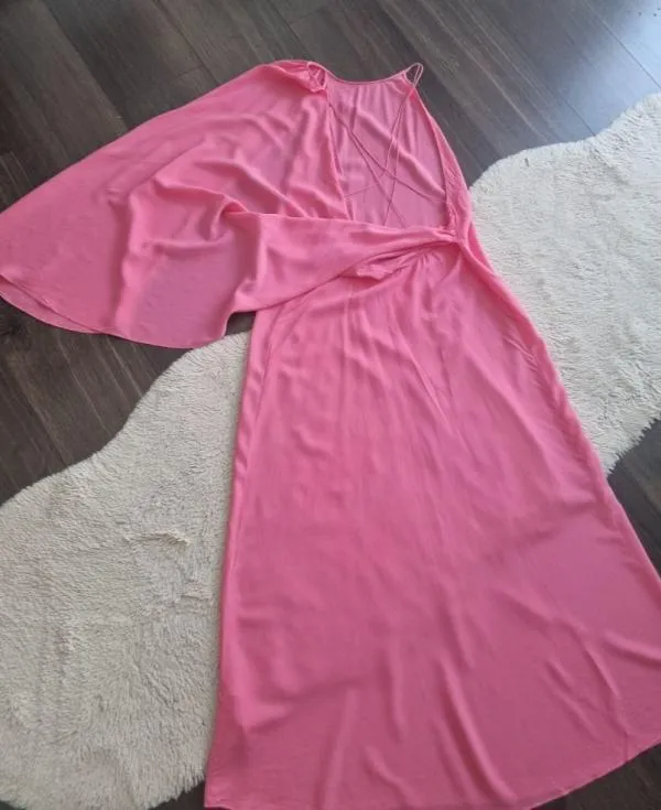 Rochie de vară Zara S | Fuchsia, Midi, Bretele subțiri, Design asimetric - Image 8