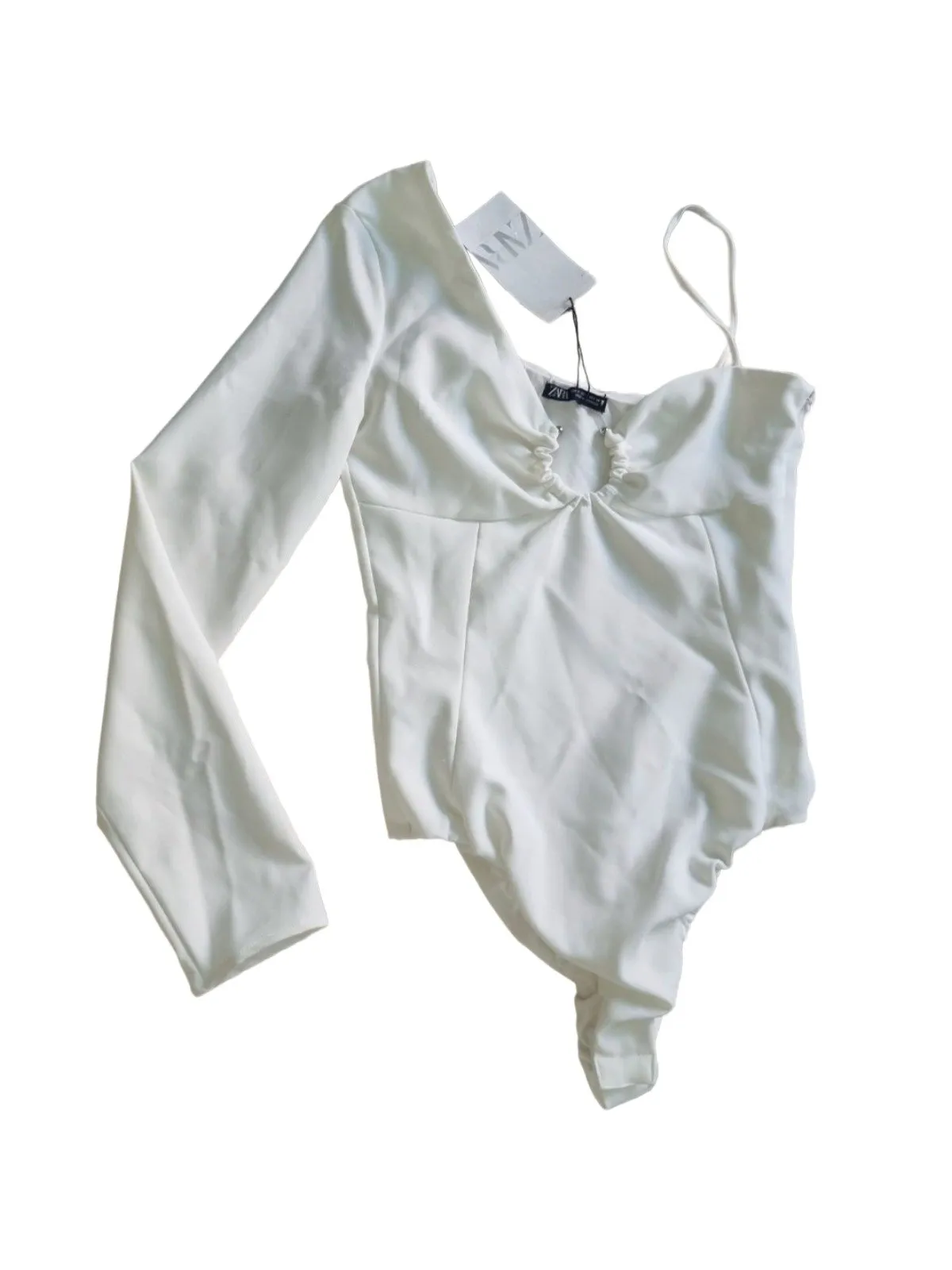 Body Zara S | Alb, Normal, Mulat Cambrat fit, Design asimetric