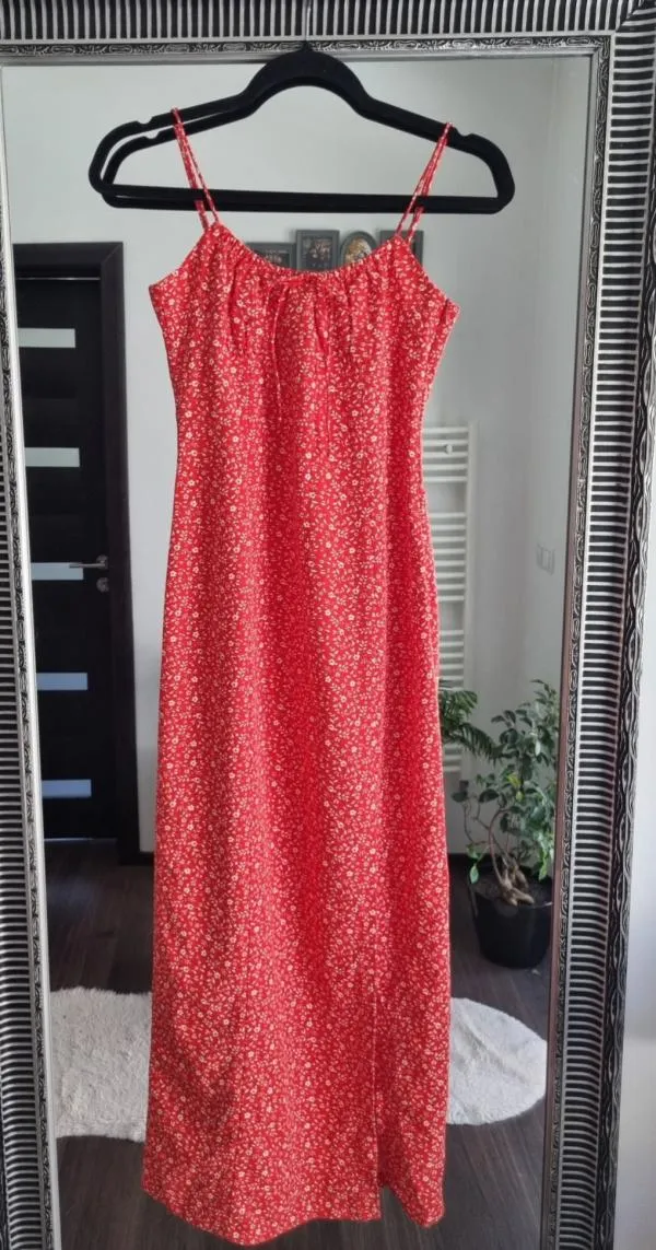 Rochie de vară Zara XS | Roșu, Midi, Bretele subțiri, Buline & Imprimeuri mici - Image 3
