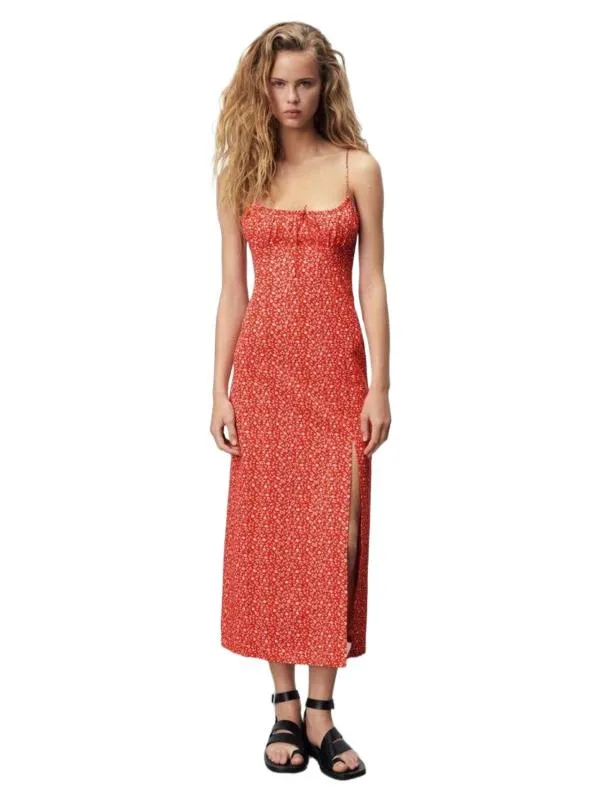 Rochie de vară Zara XS | Roșu, Midi, Bretele subțiri, Buline & Imprimeuri mici