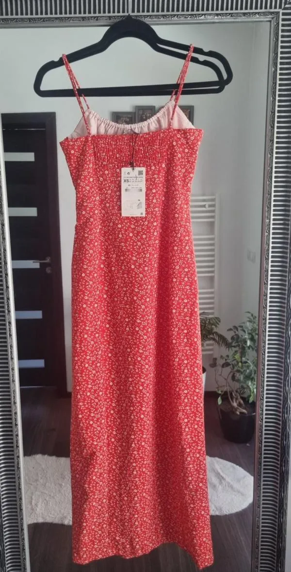 Rochie de vară Zara XS | Roșu, Midi, Bretele subțiri, Buline & Imprimeuri mici - Image 4