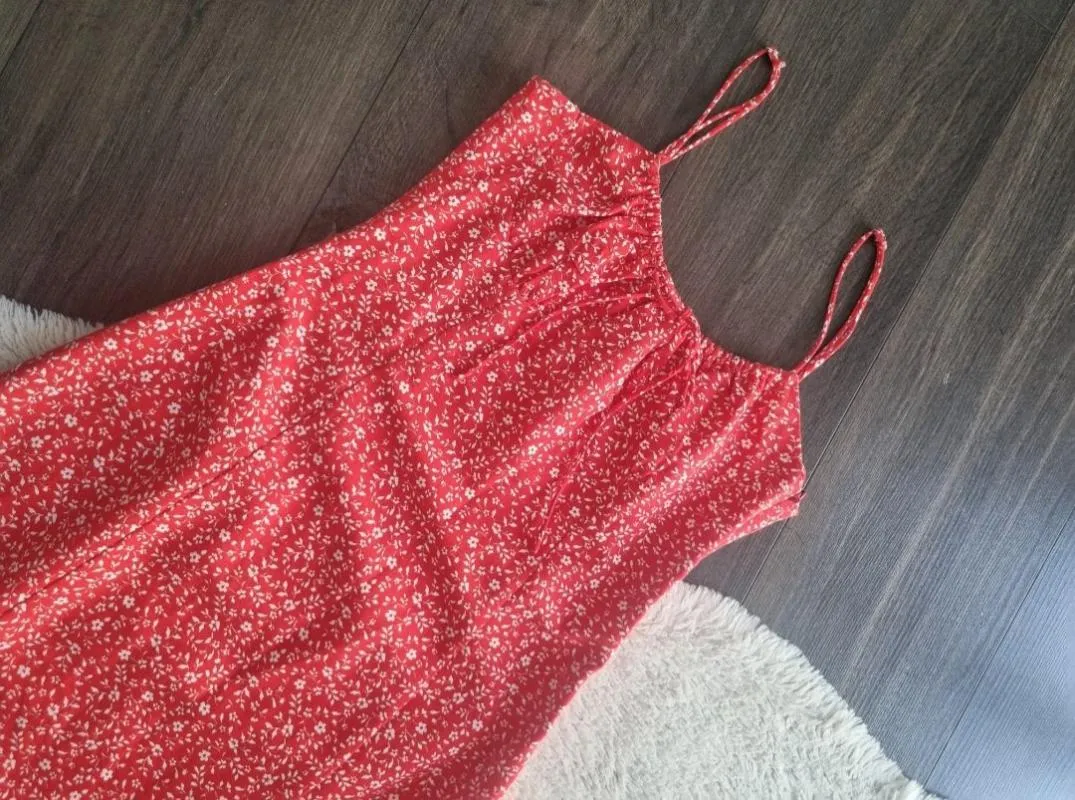 Rochie de vară Zara XS | Roșu, Midi, Bretele subțiri, Buline & Imprimeuri mici - Image 7