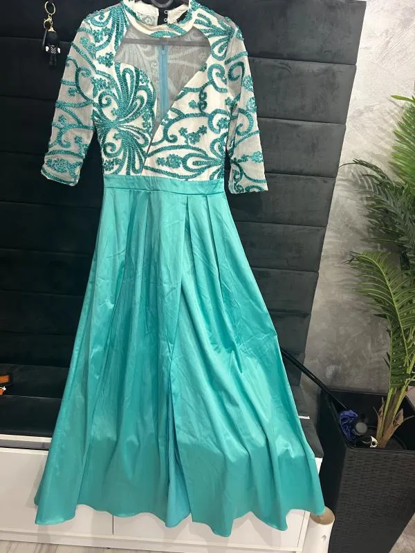 Rochie de ocazie Foggi S-M | Turcoaz, Maxi, Mânecă trei sferturi - Image 2