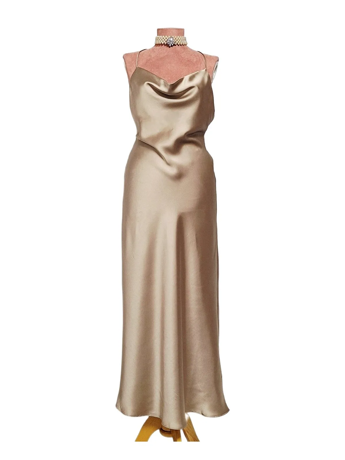 Rochie de ocazie Zara S | Auriu, Maxi, Bretele subțiri, Satinat, Poliester