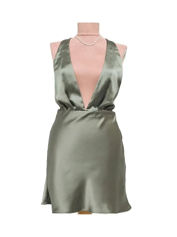 Rochie de seară Zara S | Khaki, Mini, Bretele după gât, Satinat, Poliester