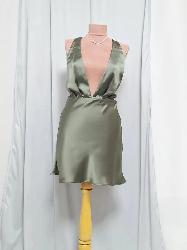 Rochie de seară Zara S | Khaki, Mini, Bretele după gât, Satinat, Poliester - Image 8