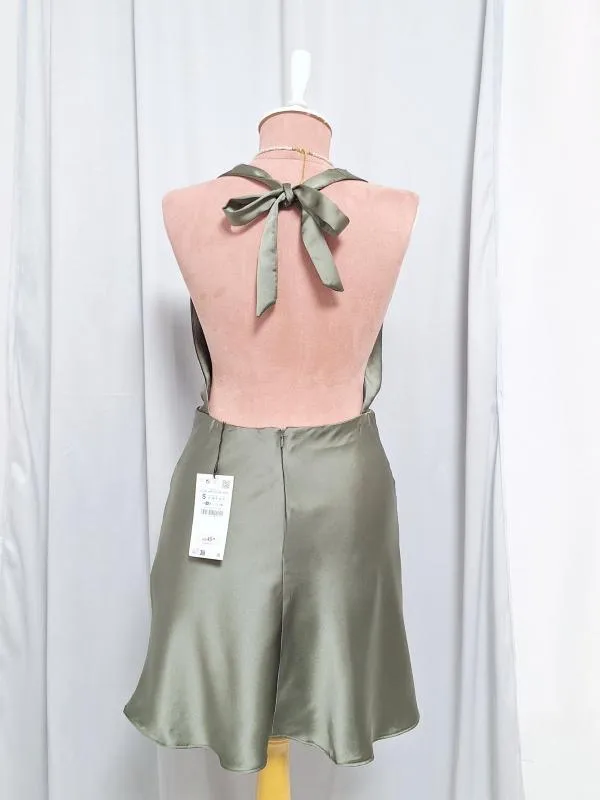 Rochie de seară Zara S | Khaki, Mini, Bretele după gât, Satinat, Poliester - Image 3