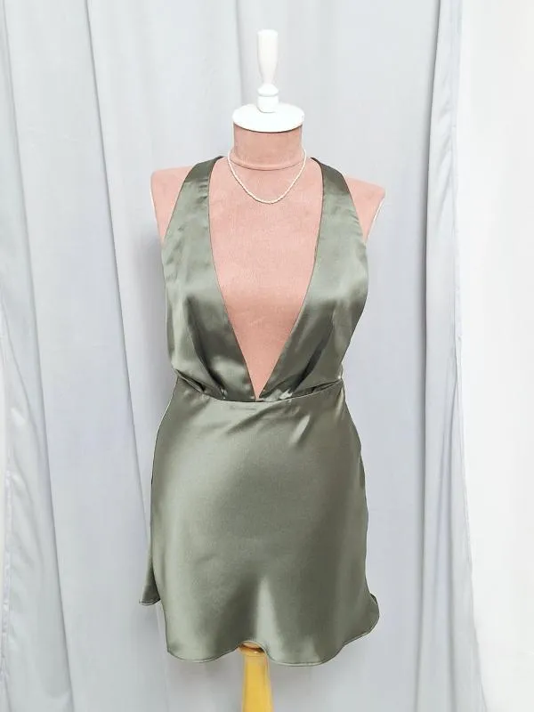 Rochie de seară Zara S | Khaki, Mini, Bretele după gât, Satinat, Poliester - Image 2