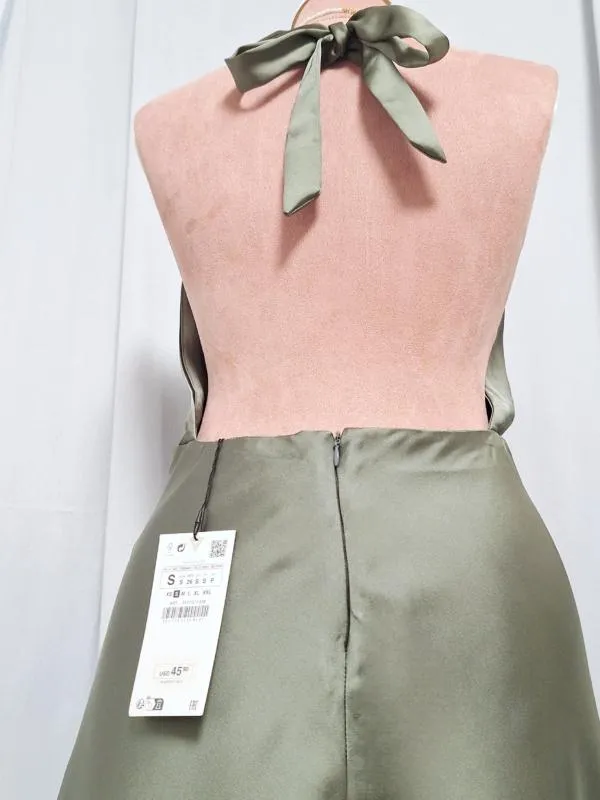 Rochie de seară Zara S | Khaki, Mini, Bretele după gât, Satinat, Poliester - Image 5