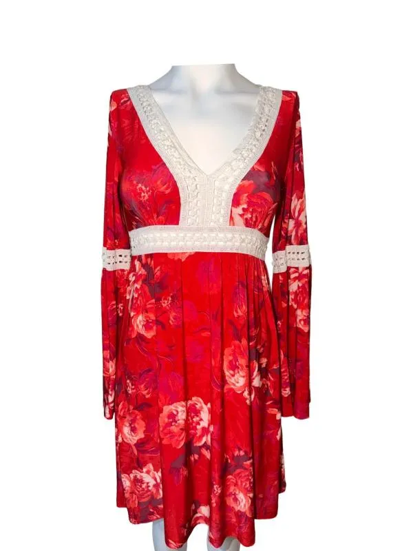 Rochie de vară Body Flirt XS | Roșu, Mini, Mânecă lungă, Floral & Tropical, Poliester