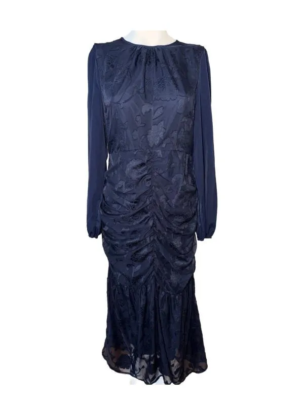 Rochie de ocazie L | Bleumarin, Maxi, Mânecă lungă, Monocrom, Dantelă