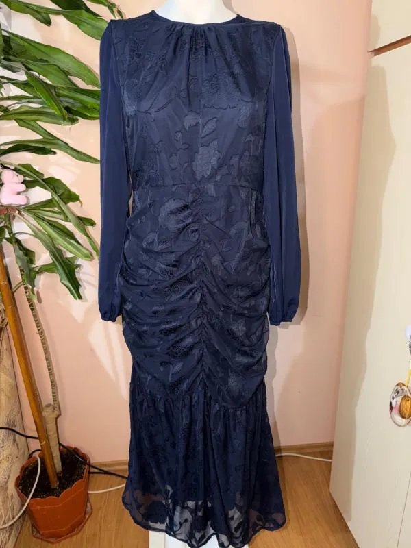 Rochie de ocazie L | Bleumarin, Maxi, Mânecă lungă, Monocrom, Dantelă - Image 5